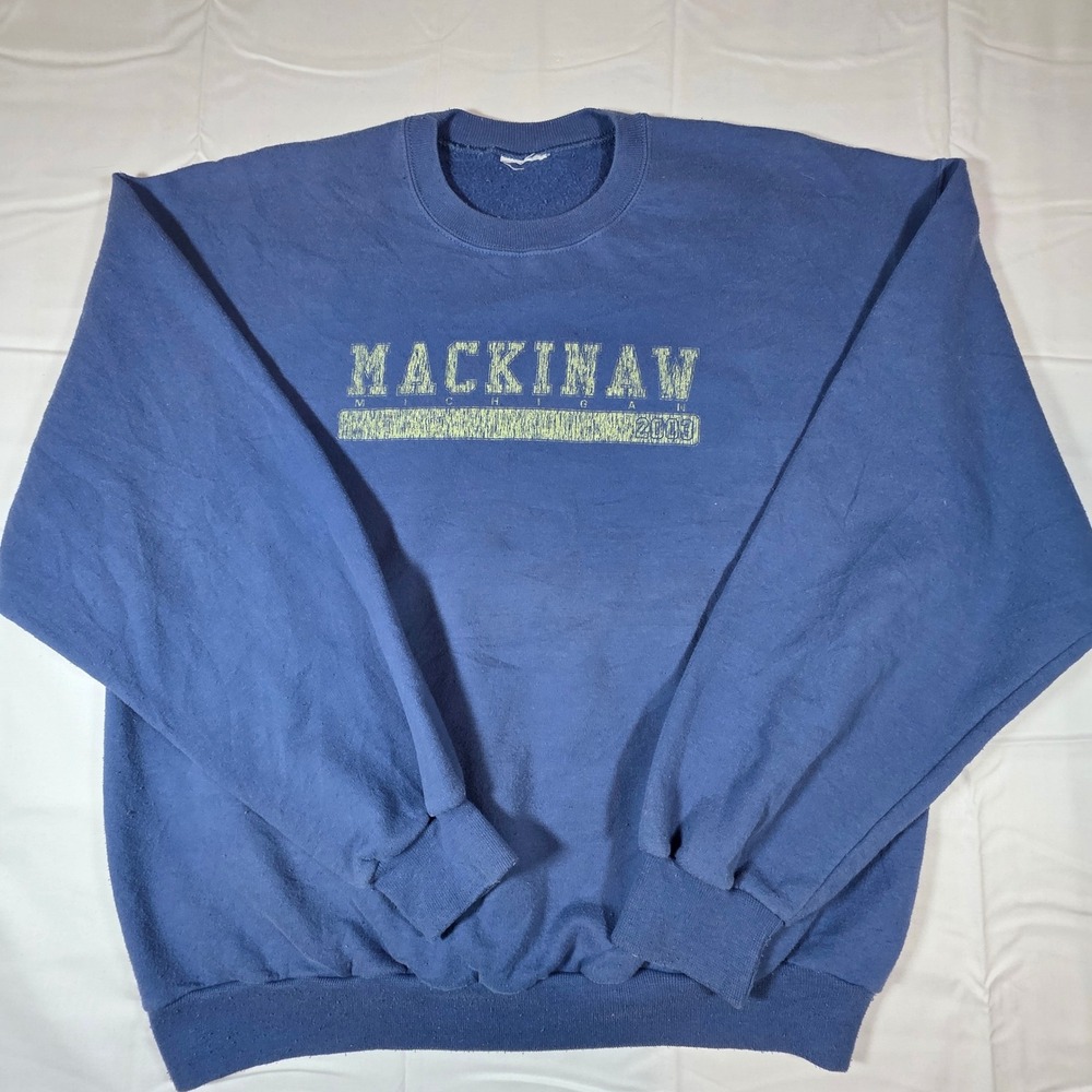 Vintage Mackinaw Michigan 2003 Sweatshirt Navy Blue Graphic Pullover XL